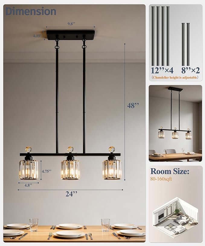 Modern Dining Room Light Fixture Over Table, Crystal Pendant Lights Kitchen Island, Chandeliers for Dining Room Kitchen Light Fixtures (E26) 3-Light Black