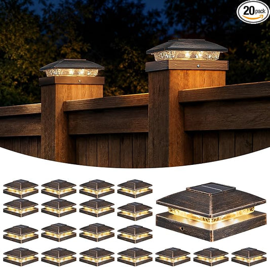 APONUO Solar Post Cap Lights for 4x4 Posts - IP64 Waterproof, 3000 Bright LED, Wireless Fence Lights & Deck Lights for Patios, Gardens, and Yards, Brushed Copper-Warm White, 20-Pack