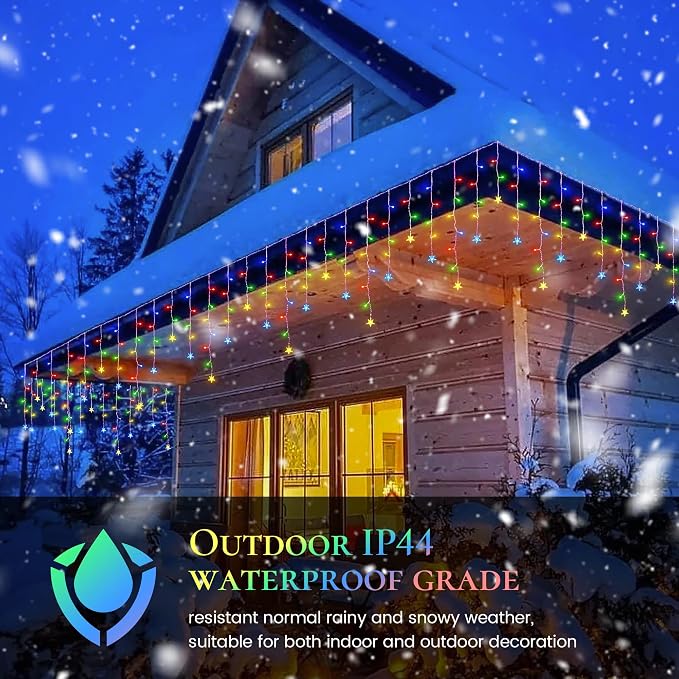 oopswow 200 LED Icicle Christmas Lights with Star,16.5FT Curtain Fairy Lights 40 Drops 8 Modes with Timer, Star Christmas Lights for Backdrop,Wedding,Patio,Christmas Decorations,Multicolor