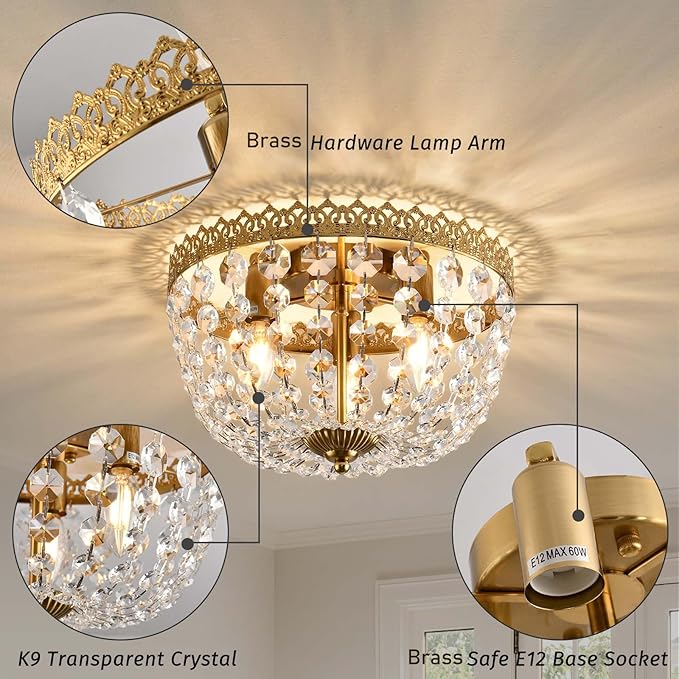 Crystal Flush Mount Ceiling Light Fixture 3 Lights French Empire Chandeliers Lighting for Dining Living Room Foyer Kitchen Bedroom Hallway Entryway,Brushed Brass Finish,W12.6 inch X H8.27inch