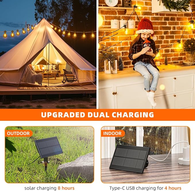 Kawaya 100FT Solar Outdoor String Lights, USB Charging & Solar Powered, IP65 Waterproof Shatterproof Edison Hanging LED Lights for Patio Garden Porch Fence Camping Party