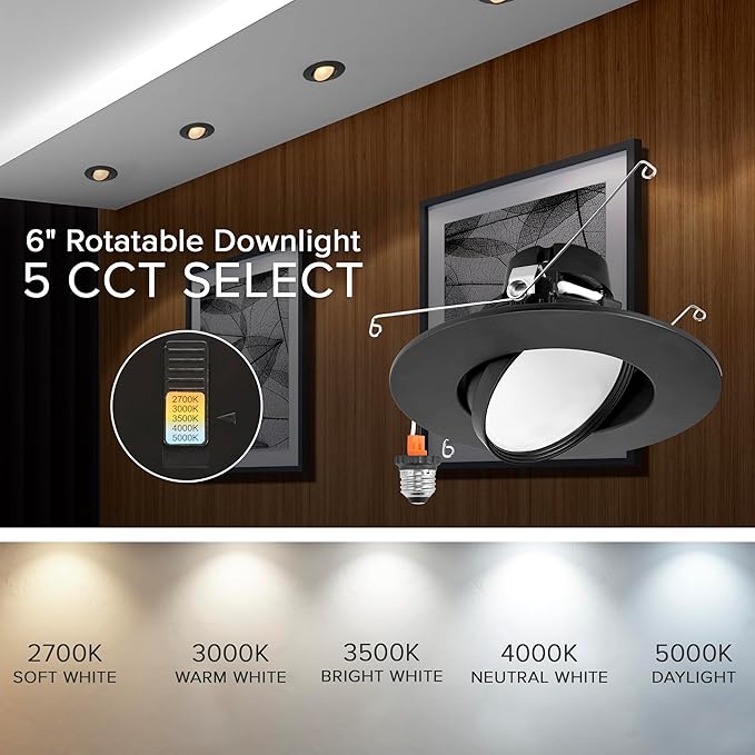 Maxxima 5 in. and 6 in. Rotatable LED Retrofit Downlight Gimbal, 1150 Lumens, 11 Watts, 5 CCT 2700K/3000K/3500K/4000K/5000K, Dimmable, Aluminum Black Trim