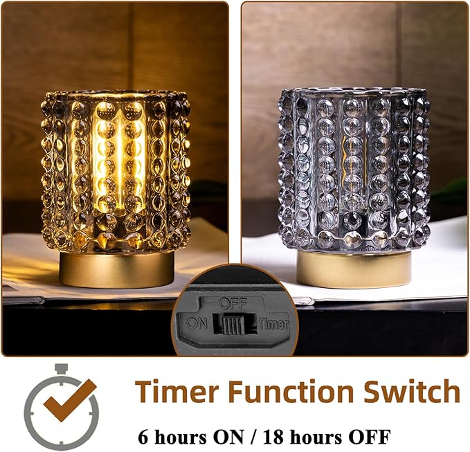 Battery Operated Lamp with Timer, Mini Crystal Table Lamps for Home Decor, Small Cordless Lamp for Areas No Outlets, Glass Battery Powered Lamps for Entryway, Bedroom, Bathroom, Shelf, Corner (2 Grey)