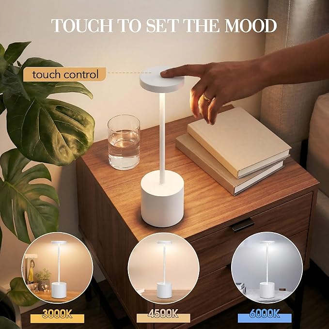 AUDLES Cordless Table Lamp – 2 Pack Rechargeable Table Lamps, 5000mAh Battery Operated Lamp with 3-Color Dimmable Light, Outdoor Table Lamp for Bedroom, Restaurant, Patio, Home Décor (White)