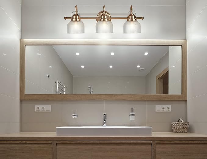 JONATHAN Y 25.25" Brass Gold Modern Bathroom Vanity Light, 3-Light LED Wall Sconce, Clear Glass Bell Shade for Mirror Hallway Kitchen, ETL Listed, LED Bulb Included (JYL7409B)
