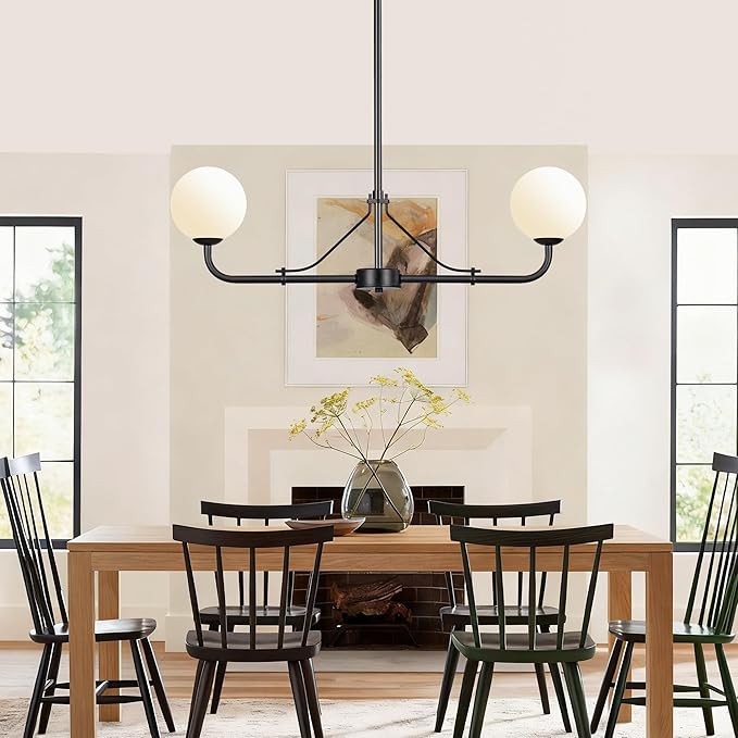 Klgxnrd 2 Lights Black Linear Chandelier, Mid Century Modern Kitchen Island Lighting, Dining Room Light Fixtures Over Table Hanging, Milk White Globe Glass Shade