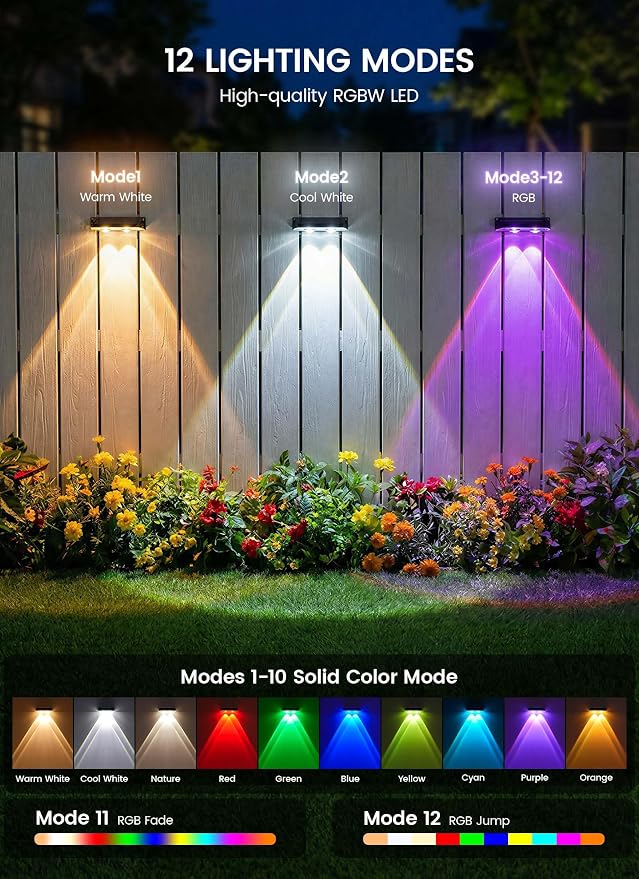 Brightown 4 Pack Solar Lights Outdoor Waterproof, Color Changing Solar Fence Deck Step Flood Lights, Warm White & RGBCW 11 Color, IP65 Waterproof Garden Lights for Outside Backyard Yard Step Patio