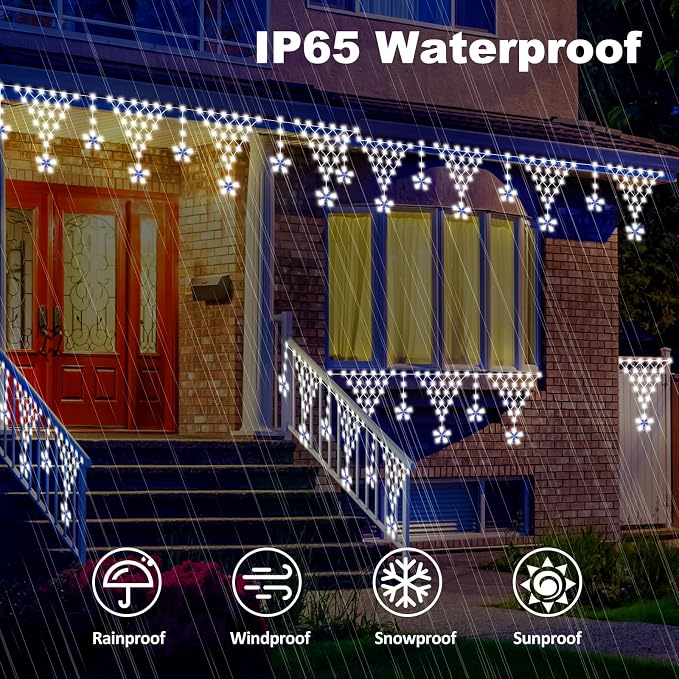 (New) Christmas Curtain Lights, 13.8ft 218 LED Outdoor Christmas Lights, Icicle Lights with 12 Drop Stars for Curtain, Indoor, Garden, Patio, Wedding, Xmas, Home Decoration - White