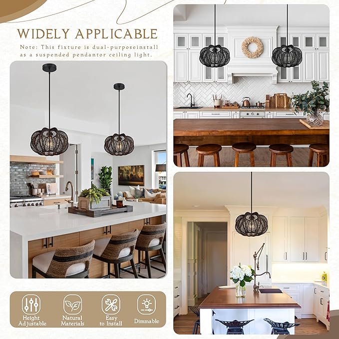 Black Rattan Pendant Light 12.6 in Rattan Light Fixture Wicker Chandelier Woven Pendant Light Boho Chandelier for Foyer