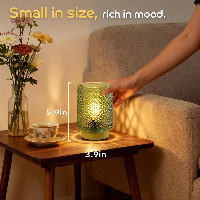 LUSHARBOR Battery Operated Lamp with Timer, Small Table Lamp for Shelf Decor, Glass Cordless Lamps Bedside Cozy Light for Living Room/Coffee Table/Entryway Diamond Design-Green