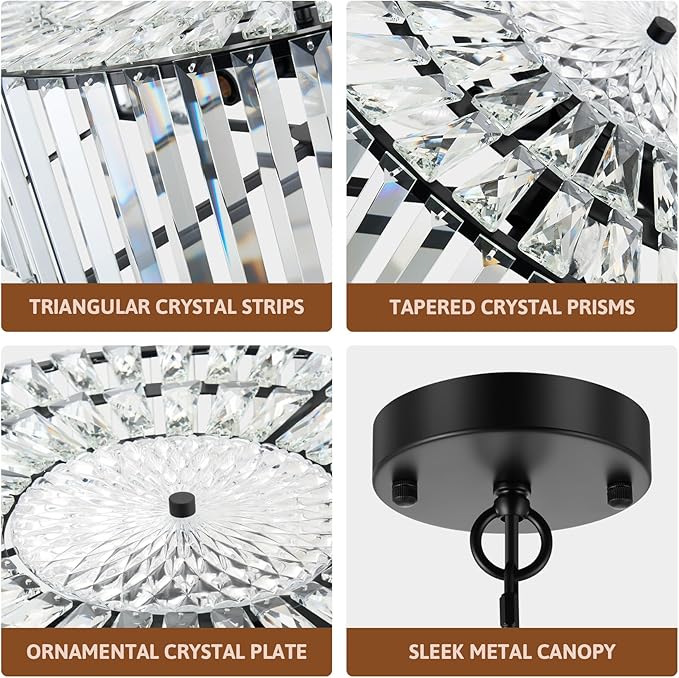 VONLUCE Cystal Ceiling Light Fixture, 6-Light Semi Flush Ceiling Light with Crystal Prisms, 21 in. Chandelier for Dining Room Bedroom Entryway, Kitchen, Black Metal Canopy, ETL Certificated