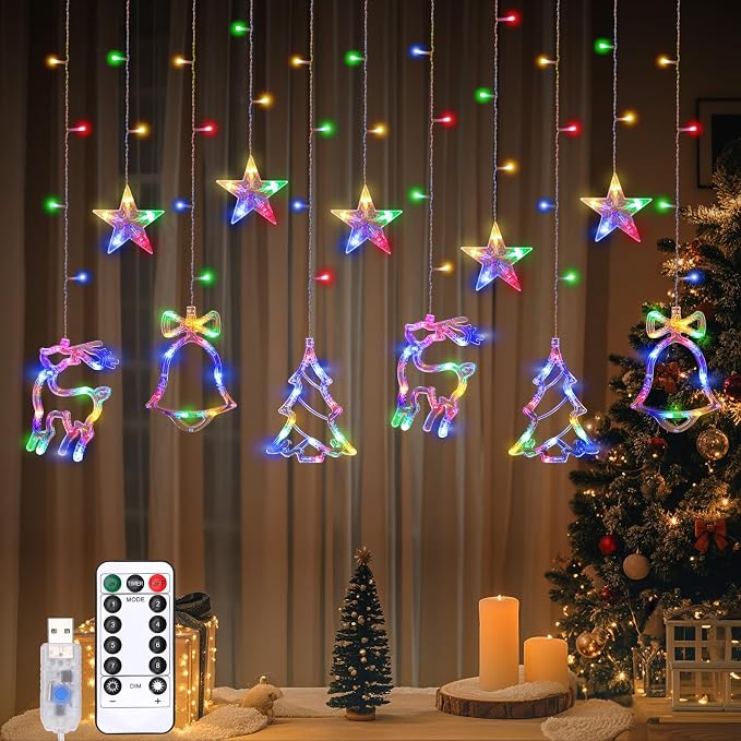 Lewondr Reindeer Bell Christmas Curtain Lights, 138 LED Christmas Tree Hanging Home Lights with 6H Timer & 8 Modes, USB Powered Fairy Lights, Xmas Decor for Home Party Indoor,Colorful Light