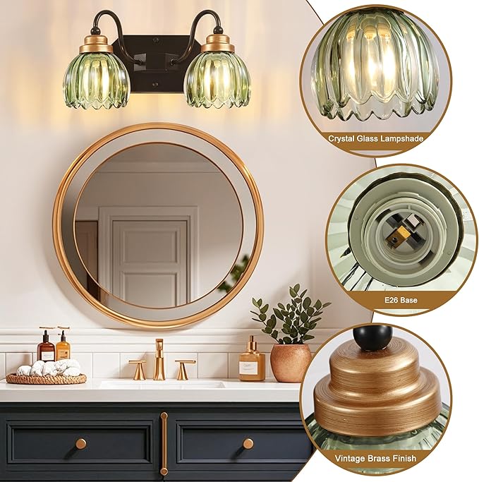 Vintage Bathroom Vanity Light, 2 Light Bathroom Lighting Fixtures Over Mirror, Mid Century Style Farmhouse Light Fixtures with Green Glass Shades, Black Finish Wall Mount for Bedroom , Living Room