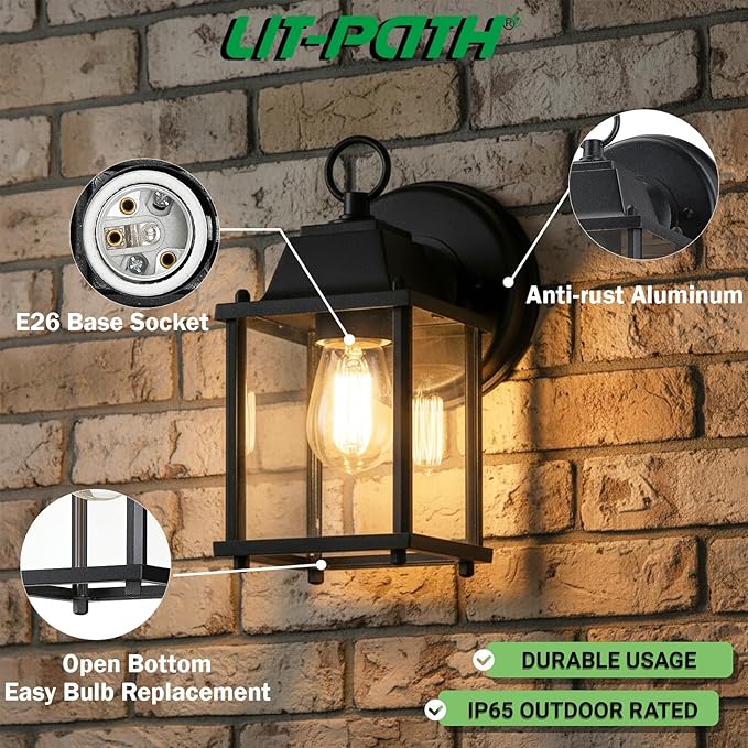 LIT-PaTH Outdoor Wall Lantern, Wall Sconce as Porch Lighting Fixture, E26 Base, Aluminum Housing Plus Glass, Water-Proof and Outdoor Rated, ETL Qualified, 2-Pack, Black