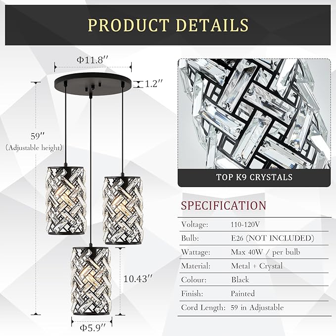 CATINER 3 Lights Crystal Pendant Light Modern Black Mini Chandelier, Adjustable Cluster Pendant Light Fixture for Kitchen Island Dinning Room Bedroom Hallway Porch