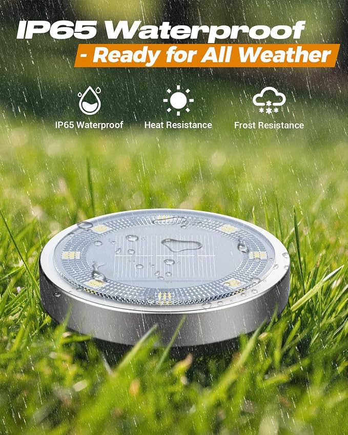btfarm 2 Pack Solar Lights Outdoor, 8 LED Solar Ground Lights IP65 Waterproof Flat Solar Disc Light, Pathway Lights for Garden Lawn Patio Yard Path Landscape, Warm White