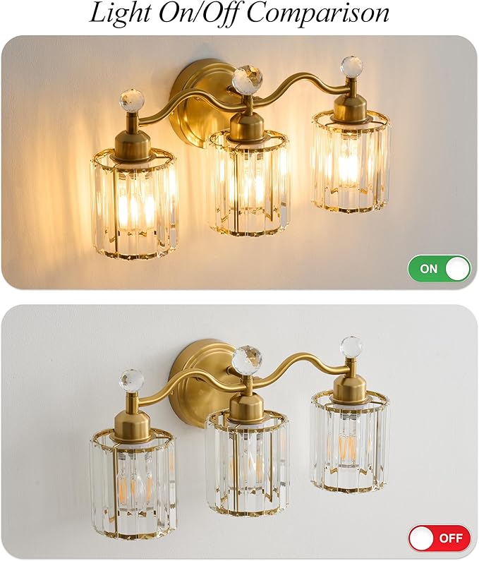 Bathroom Vanity Light Fixtures 3-lights, Gold Crystal Vanity Lights for Bath, Bathroom Lights Fixture with Clear Crystal Glass Shade, Modern Wall Light over Mirror, Wall Sconces Light for Hallway