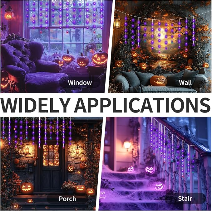Halloween Spider Curtain String Lights, 7.2Ft Halloween Decorations Outdoor Indoor with 12 Multicolor Spiders and 60 Purple LED Bulbs Fairy Lights for Window Porch Garden Party Décor, Solar Powered