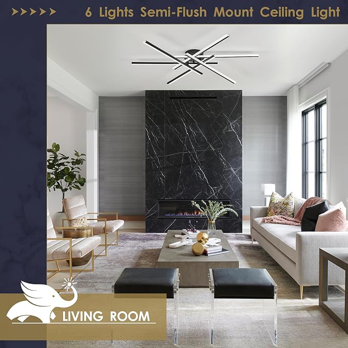 Modern LED Chandelier with Remote Control, 6-Lights Black Semi-Flush Mount Ceiling Lighting Fixture for Living Room, Bedroom, Dining Room 60W