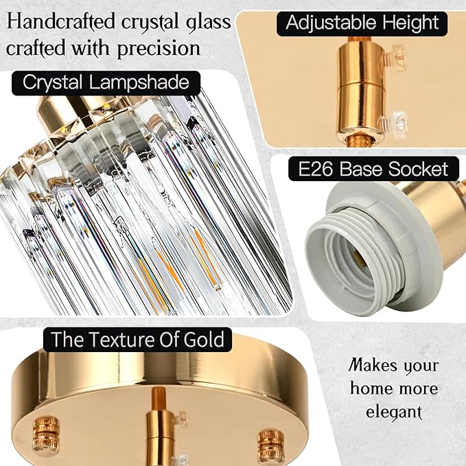 3 Pack Gold Pendant Light, Elegant Modern Island Lights for Kitchen with Crystal Glass – Luxury Mini Pendant Light for Kitchen Island, Dining Table, Entryway, Restaurant