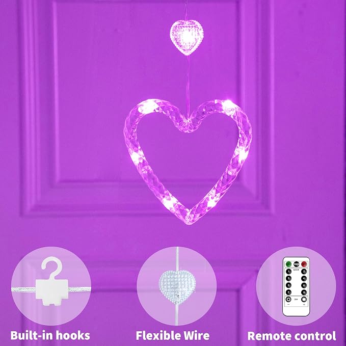 YOLIGHT Heart Curtain Lights, 9.8ft Valentine's Day Window Lights, USB Plug LED Hearts String Lights, Light up Heart Hanging Lights for Valentines Mother's Day Room Decoration (Purple)