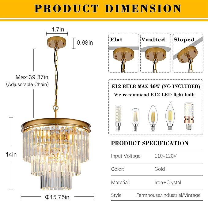 15.8" Gold Crystal Chandelier 6-Lights Crystal Round Pendant Lights 3-Tier Luxury Hanging Ceiling Light Fixture for Hallway Dining Room Living Room Bedroom Kitchen Island Stairway Entryway
