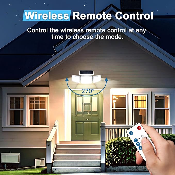 JEJOT White Solar Security Light Outdoor Super Bright LED, Motion Sensor Flood Light, 3 Heads 270° Wide Angle, Remote Control, IP65 Waterproof, 3 Modes (2 Packs)