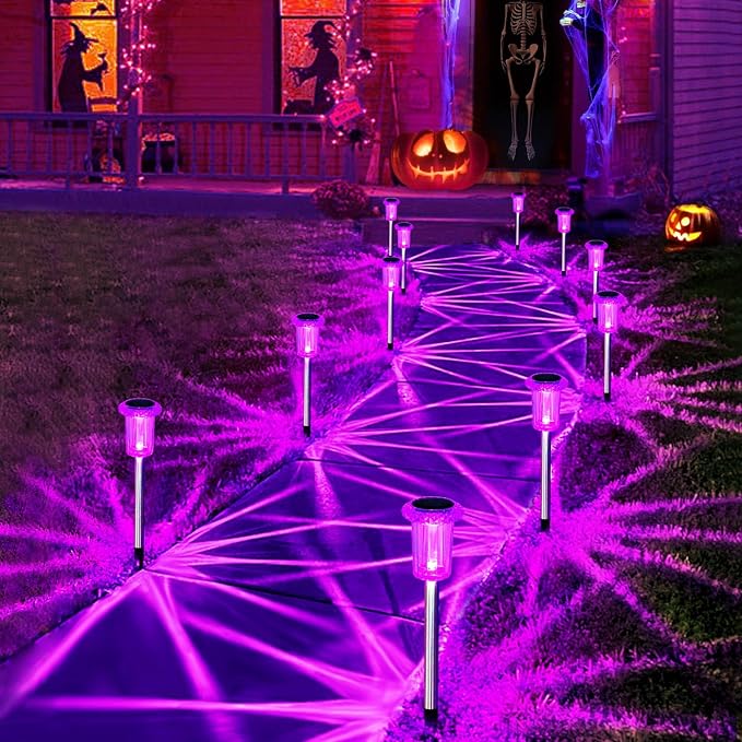 Halloween Solar Lights Outdoor 10 Pack Purple Solar Pathway Lights Outdoor Halloween Decorations Waterproof Yard Lighting for Driveway Garden Walkway Path Landscape Lawn