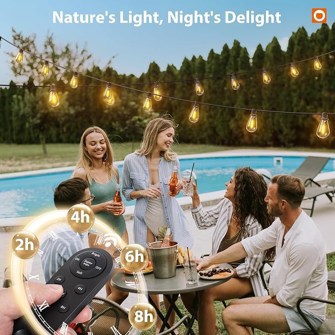addlon 102FT(96FT+6) Solar String Lights Outdoor Waterproof with USB Port & Remote Control Solar Patio Lights for Outside Solar Powered with 34 LED Dimmable Bulbs for Porch Garden Deck Halloween