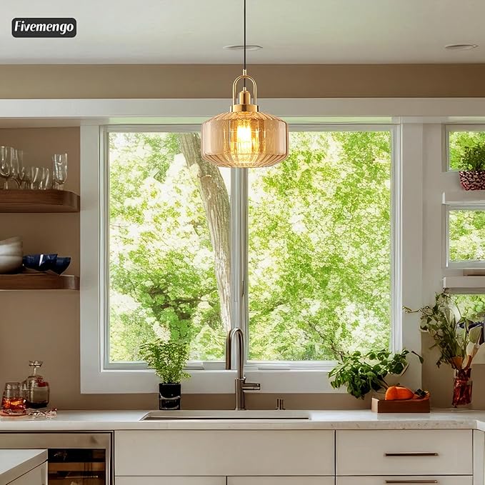 11.8in Mid Century Modern Amber Glass Pendant Light Fixture, Large Gold Kitchen Island Pendants Light Glass Ceiling Hanging Lamp for Foyer Dining Room Bedroom Entryway Hallway Over Sink