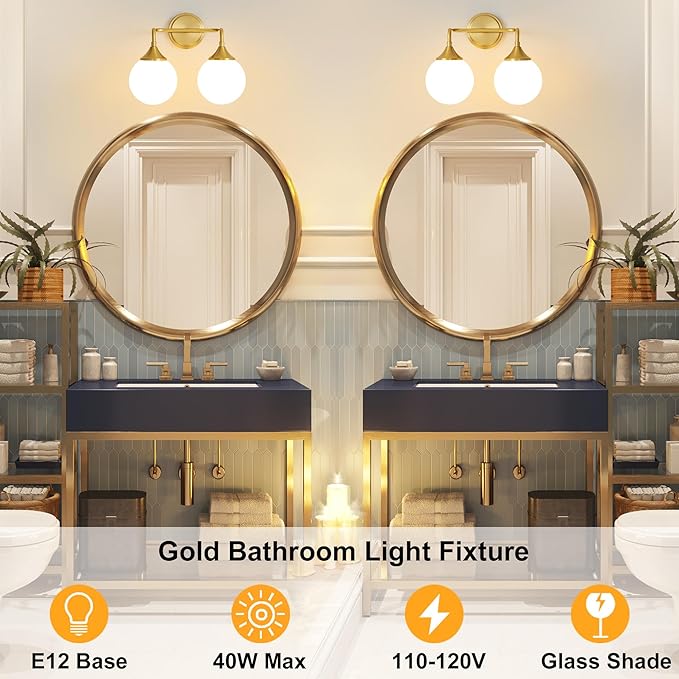 Gold Bathroom Light Fixtures, Modern Vanity Lighting Over Mirror, Mid Century Modern Matte Black Wall Sconce 2-Light with Milky White Glass Ball Shades