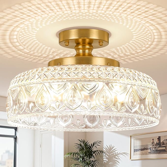 SunRider Semi Flush Mount Ceiling Light, Modern 3-Light Globe Glass Ceiling Light Fixture, Gold Indoor Pendant Lamp for Hallway Porch Kitchen Bedroom