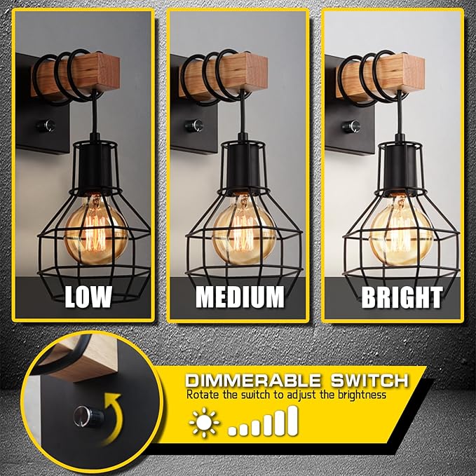 Set of 2 Industrial Wall Sconces with Dimmer ON/Off Switch, Farmhouse Wall Mount Light with Metal Cage Shade, Black Wall Lights Indoor for Kitchen Living Room