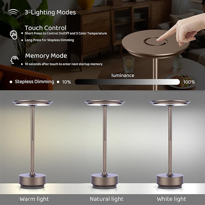 UdoUto Cordless Table Lamp Rechargeable - 5000mAh Battery Operated LED Table Light with Touch Stepless Dimming - Portable Coffee Metal Outdoor Lamp for Patio, Restaurant, Living Room