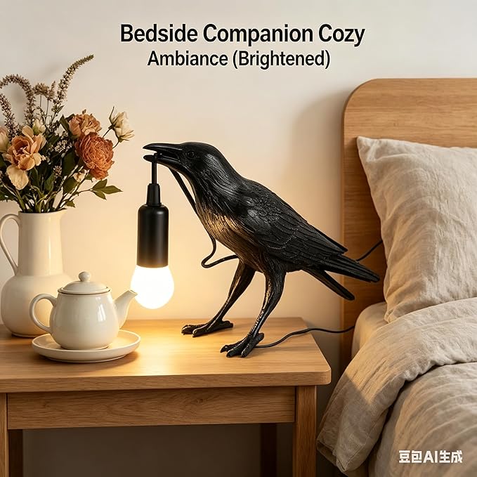 Shandaglo Raven Lamp Gothic Decor, Black Crow Table Lamp with LED Bulb, Unique Dark Aesthetic Night Light for Bedroom Desk, Halloween Home Decoration Gift