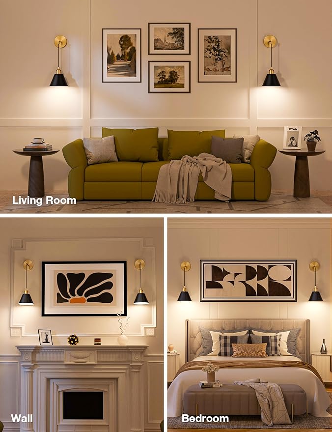 NIORSUN Gold & Black Battery Operated Wall Sconce Set of 2, 5200mAh Dimmable Detachable Bulbs and Remote Wireless Rechargeable Wall Lights, 9 Colors Sconces Wall Decor for Bedroom Living Room Hallway