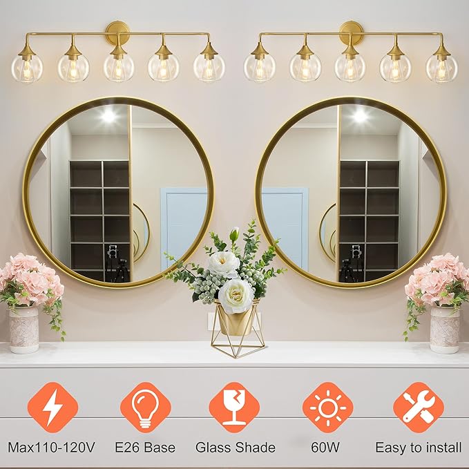 Bathroom Vanity Lights with Clear Glass Shade, E26 Base, Vanity Lighting Fixtures Over Mirror, 39 Inch Vanity Lights for Bathroom (Exclude E26 Bulb) (Gold, 5-Lights)