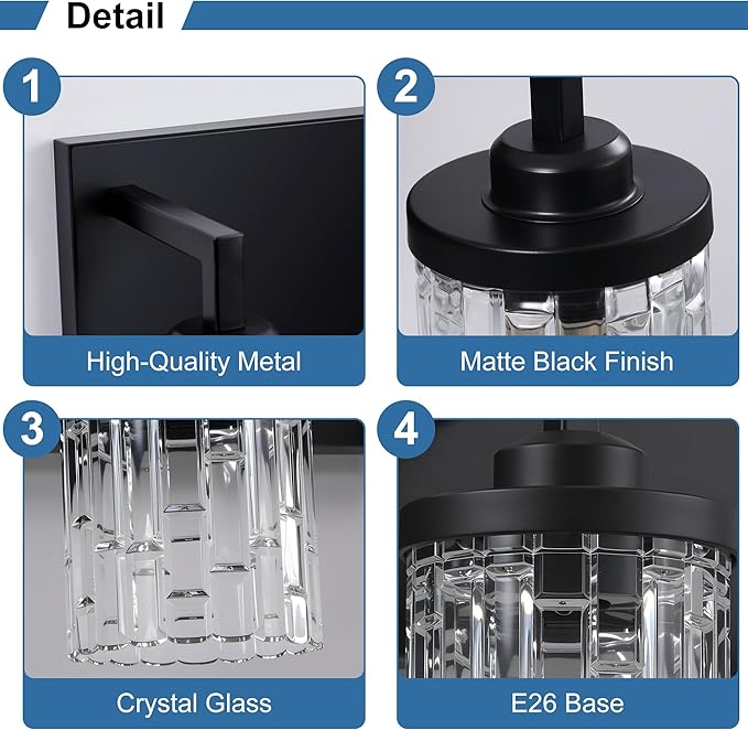 maesta Black Vanity Light, 3 Light Crystal Modern Farmhouse Bathroom Light Fixtures, with Crystal Glass Shade, Rustic Black Bathroom Wall Light Over Mirror for Living Room, Bedroom, Hallway