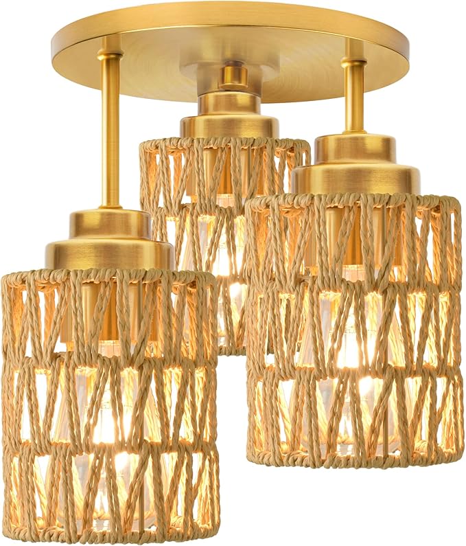 hykolity 3-Light Semi Flush Mount Ceiling Light Fixture, Boho Farmhouse Light Fixtures Ceiling Mount with Hand Woven Rattan Shade, Gold Ceiling Lighting for Kitchen, Bedroom, Entryway, Hallway, ETL