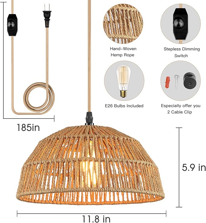 Plug in Pendant Light, Farmhouse Hanging Chandelier Lights with 15ft Golden Cotton Cord, Ceiling Lamp with Dimmable Switch, for Kitchen Island Living Room-2 Pack (Bulb & 4 Swag Hooks Included)