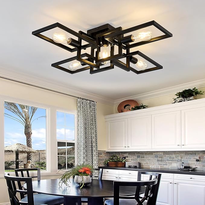 ZGLAOJT Black Industrial Semi Flush Mount Ceiling Light 5-Light Kitchen Light Fixtures Modern Large Matte Sputnik Chandelier for Dining Room Bedroom Farmhouse Living Room