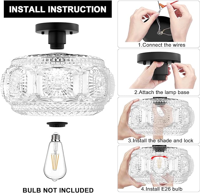 Semi Flush Mount Ceiling Light, Upgraded 12 inch Larger Black Glass Ceiling Light Fixture, Vintage Lighting for Hallway Kitchen Bedroom Dining Room, Bulb Not Included