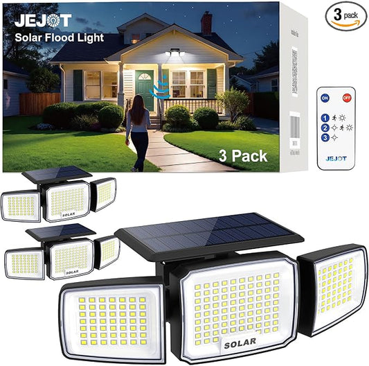 JEJOT Solar Security Light Outdoor Super Bright LED, Motion Sensor Flood Light, 3 Heads 270° Wide Angle,Remote Control, IP65 Waterproof, 3 Modes (3 Packs)