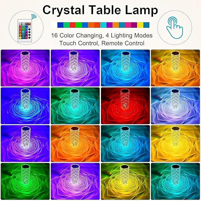 2-Pack Crystal Table Lamp Touch, 16 Color Changing Night Light, Rechargeable, Dimmable, RGB Rose Diamond Mood Lighting, Protable Cordless Desk Lamp Bedside Led Light for Bedroom Living Room Party