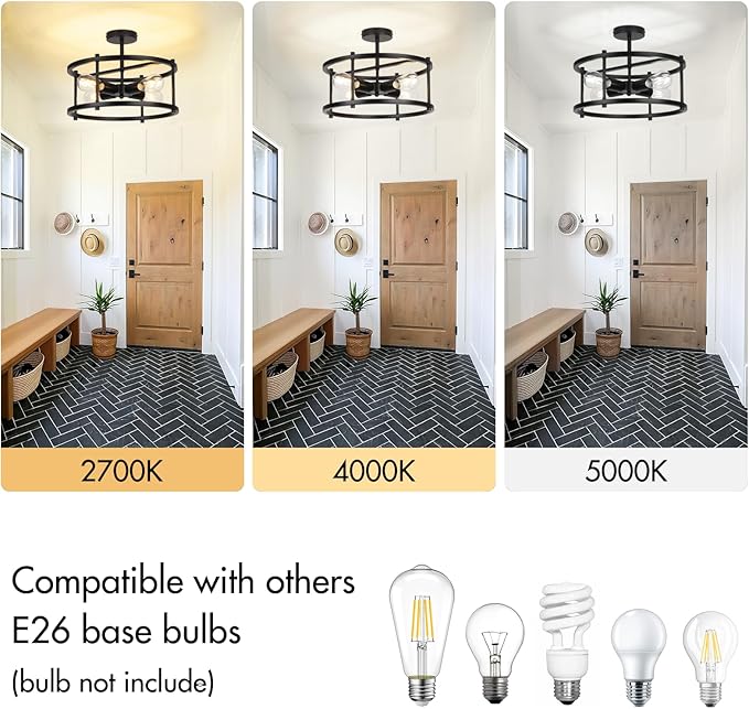 16'' Semi Flush Mount Ceiling Light 4-Light Industrial Light Fixtures Ceiling Mount Black Chandelier Light Fxiture for Kitchen Dining Room Entryway Bedroom Living Room
