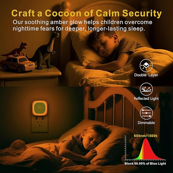 YUNLEX 2 Pack Plug in Amber Night Light with Motion Sensor & Dusk to Dawn Sensor, 3 Sensor Modes, Dimmable Night Lights Plug into Wall, Nightlight for Kids, Sleep, Bathroom, Bedroom, as Mother Gifts