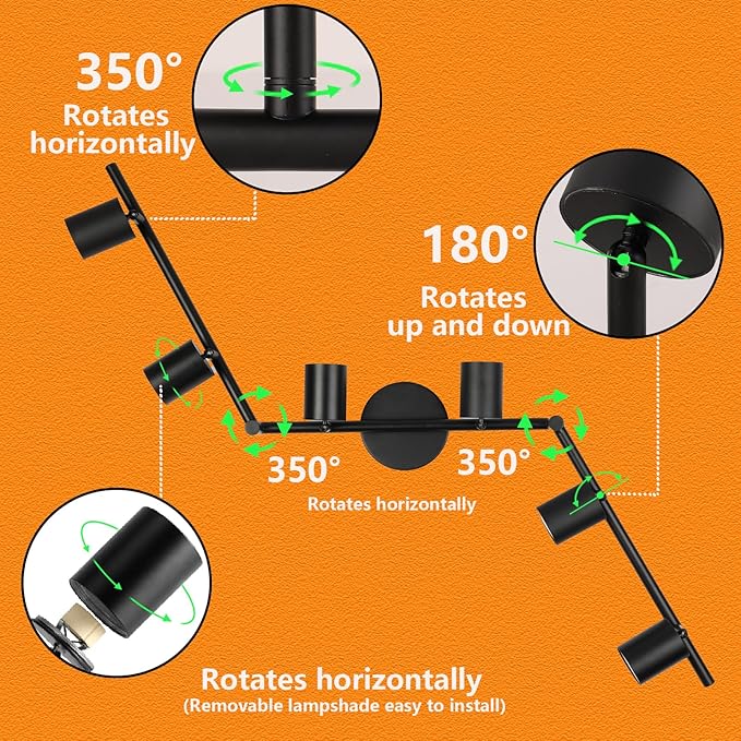Plug in Track Lighting Kit, 120cm LED 6 Light Kitchen Track Lighting, Corded Wall Light with 16.4ft Cord, 6 Way Ceiling Spot Lighting Flexibly Rotatable Head Includes 6 x GU10 Bulb (6-Black-120cm)