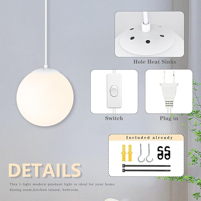 KoKo&Yukina 8" Globe Pendant Light White Plug in Pendant Light Adjustable Hanging Lights with Plug in Cord Matte White Finished with Milk Glass Lampshade for Bedroom Kitchen Island (Bulb Included)