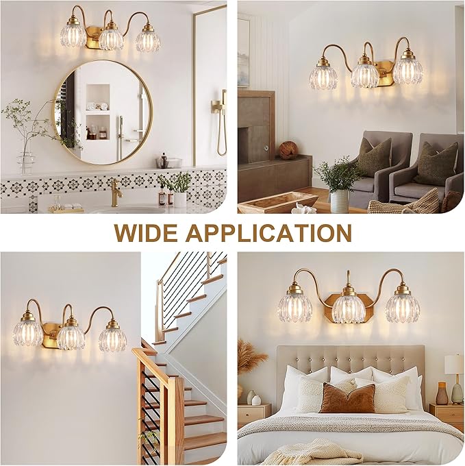 Gold Vanity Light, Vintage Bathroom Light Fixtures, 3-Light Matte Antique Brass Finish with Crystal Glass Shade, Mid Century Style Wall Sconces for Bedroom, Living Room