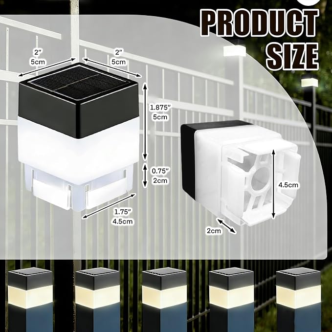 Solar LED Fence Post Cap Light 2x2 Inch (5x5cm) - for Wrought Iron, Aluminum & Garden Fences, Waterproof Outdoor Solar Lights(White Light) (12)